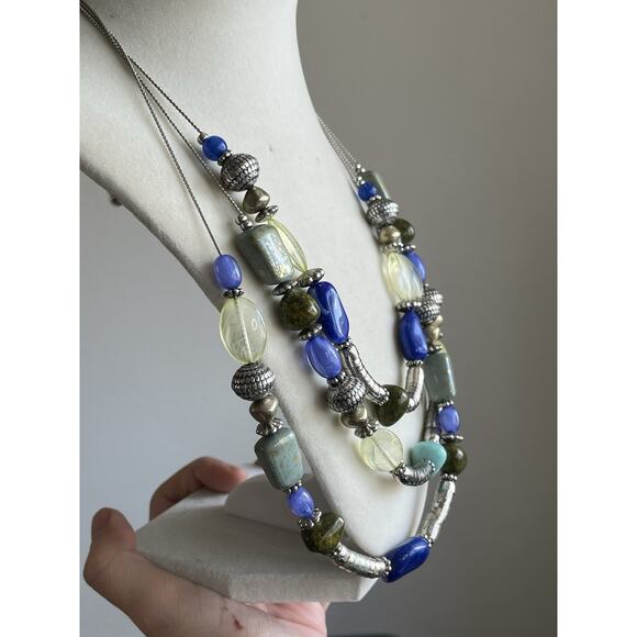 Chico’s Multi Beaded Necklace Turquoise Green Blue Silver Tone - Picture 2 of 5